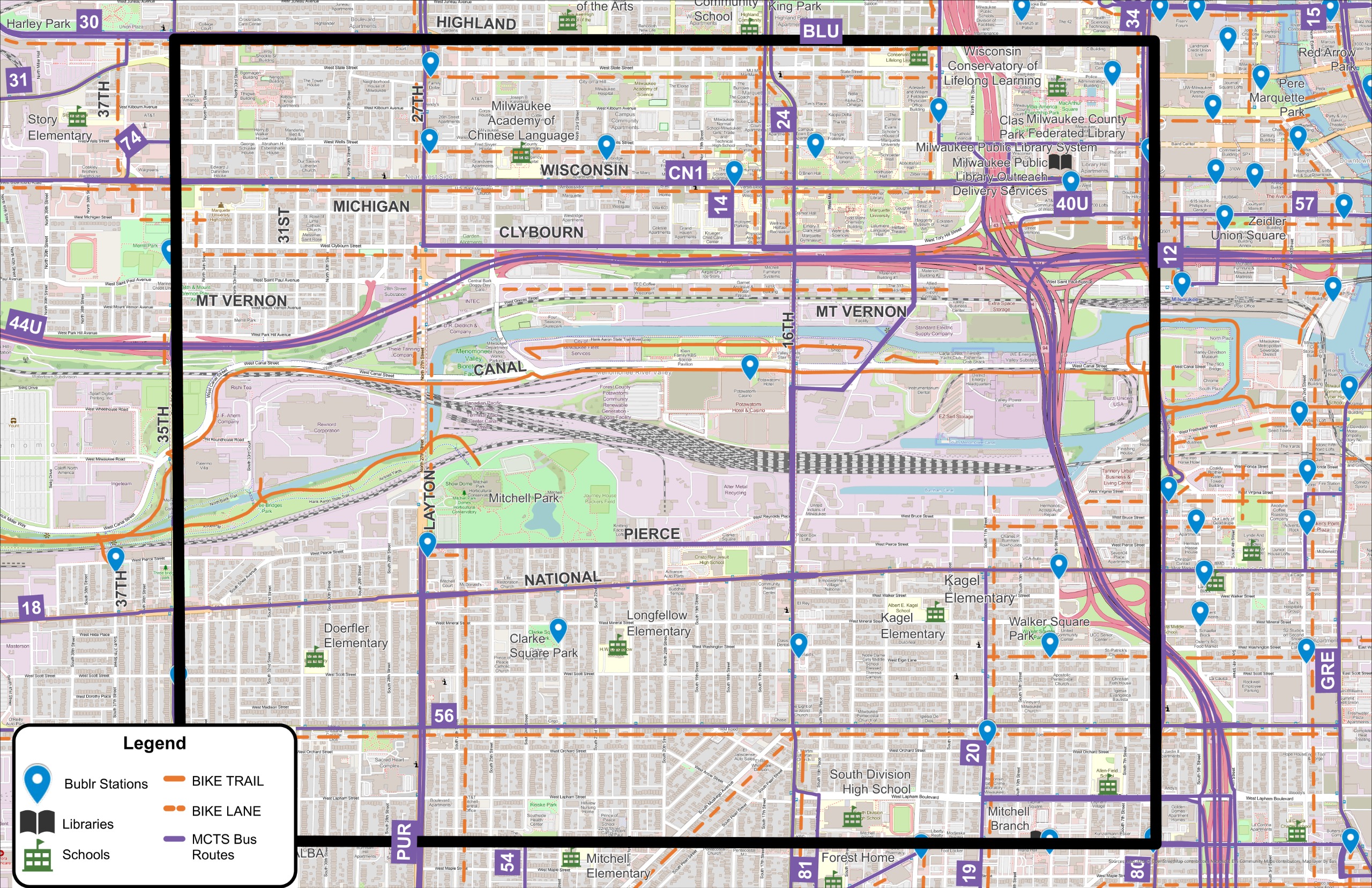 MKE GO Project Area Map showing 6th St. to 35th and Highland to Mitchell