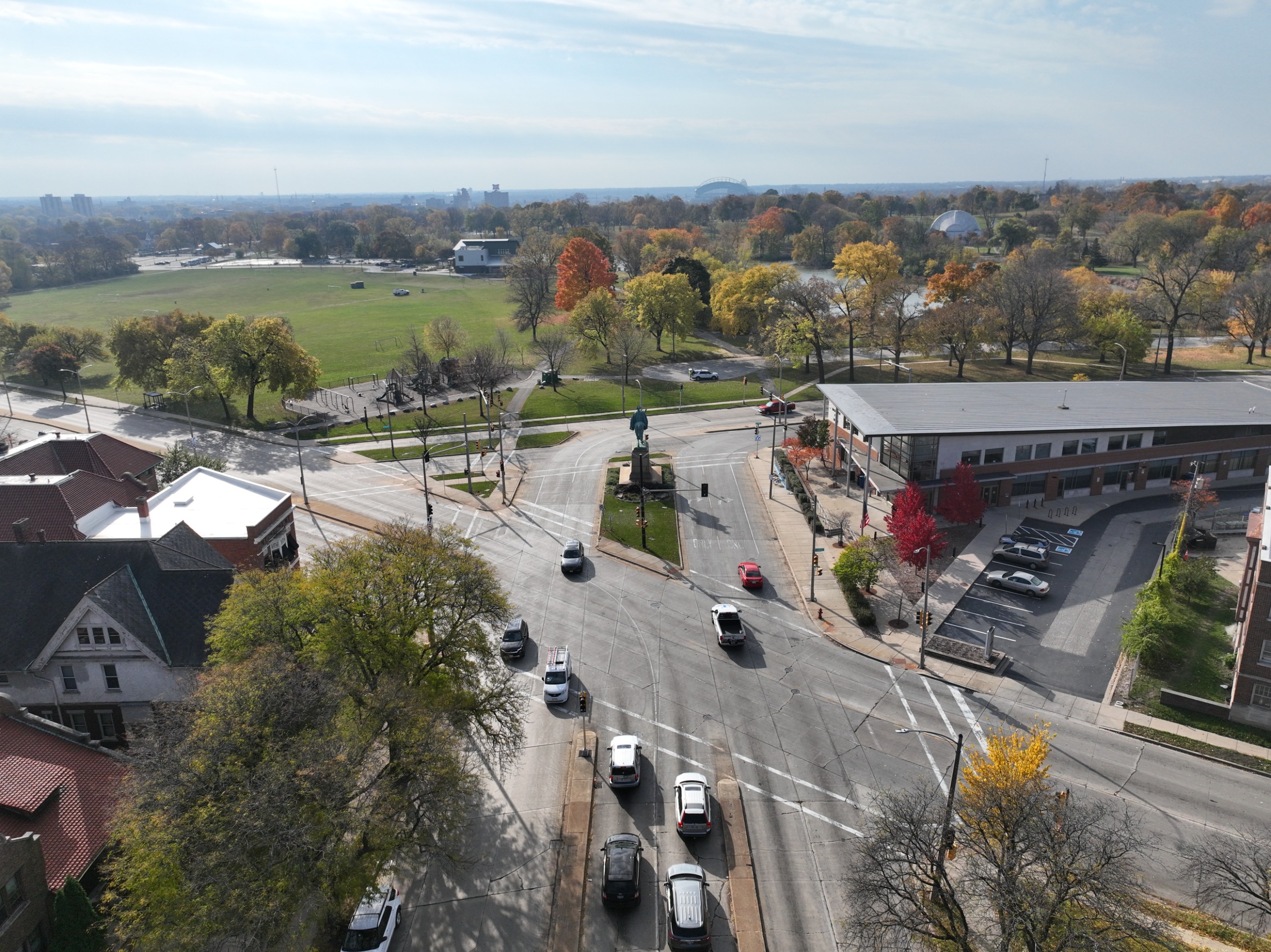 Aerial image of Sherman-Lisbon-Lloyd intersection looking south with Washington Park